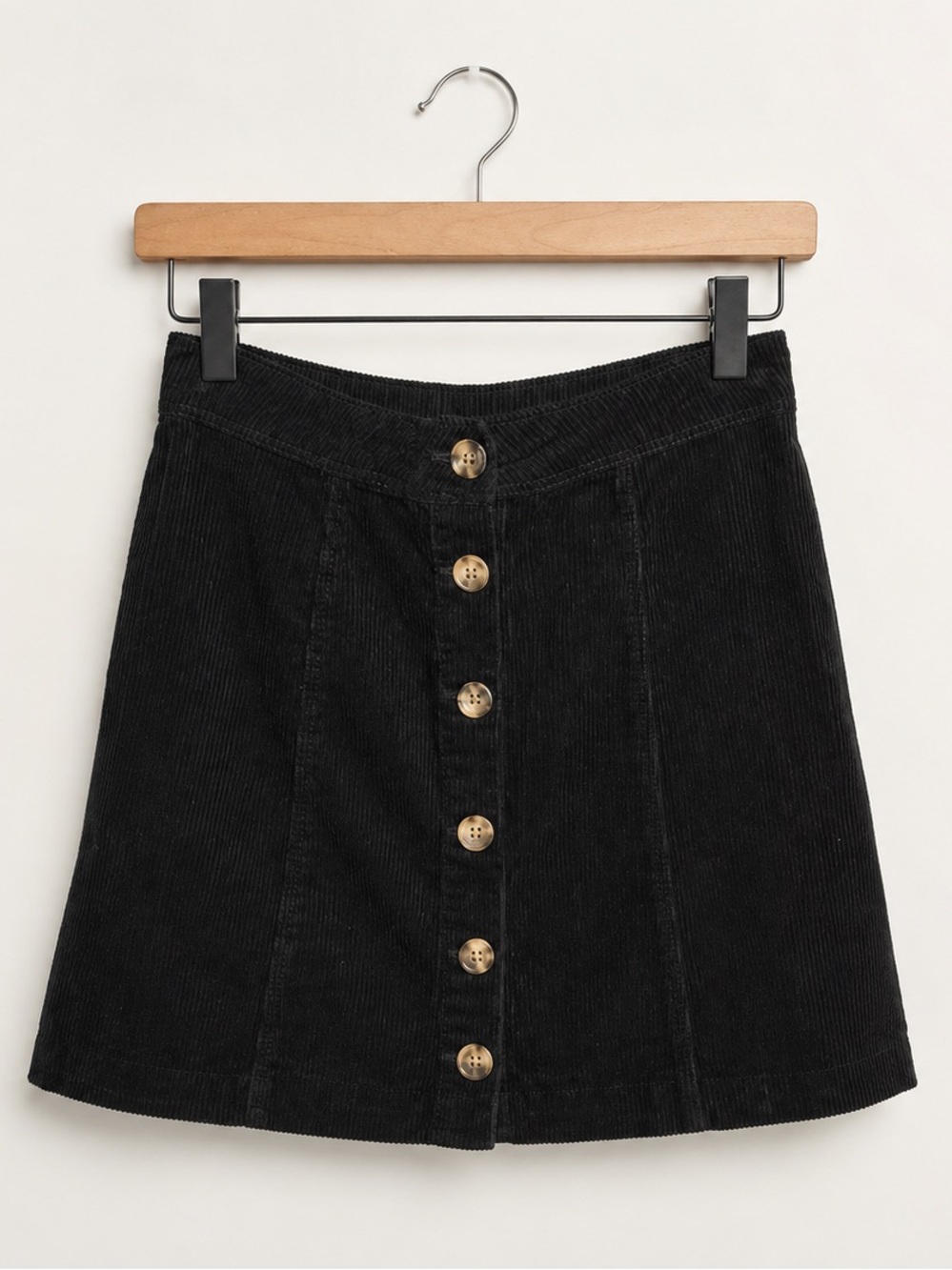 Divided Black Corduroy Button-Front Skirt